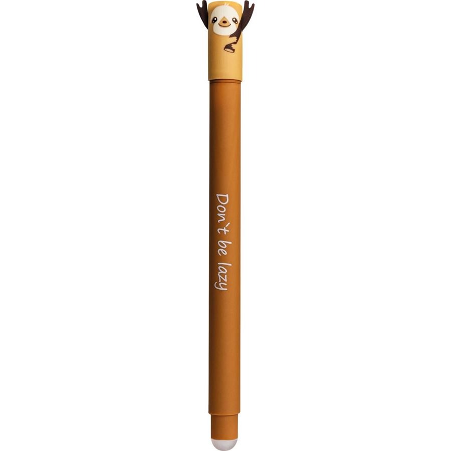 Stift in Braun mit einem Sloth-Design oben. Aufschrift: 'Don't be lazy'. Spitze mit einer weißen Kappe.