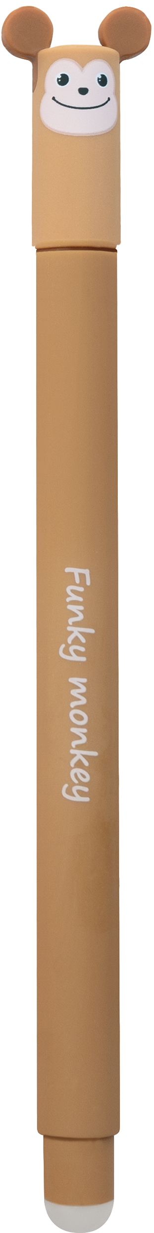 Stift in Form eines Affen mit braunem Körper und einem lächelnden Gesicht. Der Stift hat eine glatte Oberfläche und eine weiße Spitze.