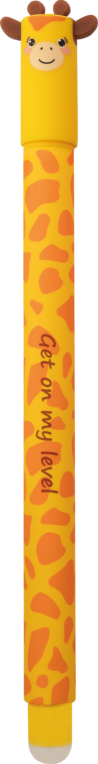 Gelber Stift mit Giraffenmotiv. Kopf der Giraffe oben, Augen und Lächeln sichtbar. Text: 'Get on my level'.