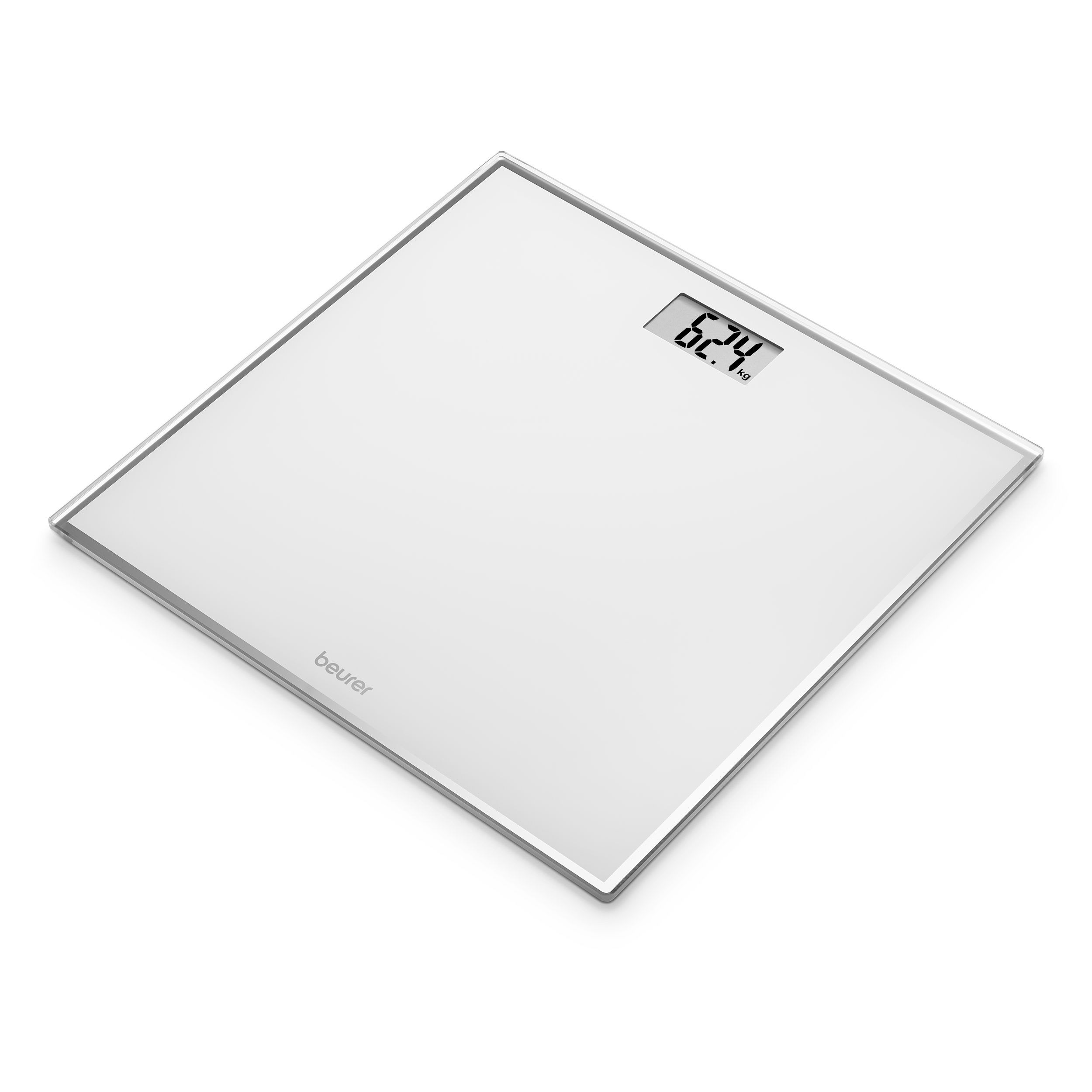 Digitale Personenwaage in quadratischer Form. Die Oberfläche ist weiß mit einem digitalen Display.