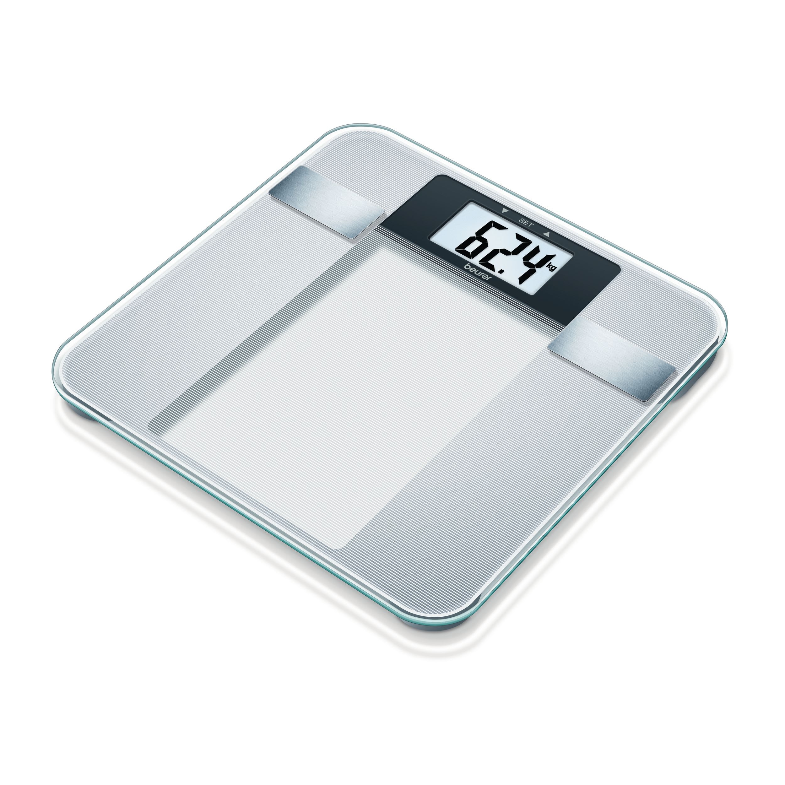 Digitale Personenwaage mit Glasoberfläche. Anzeige zeigt 62,4 kg.