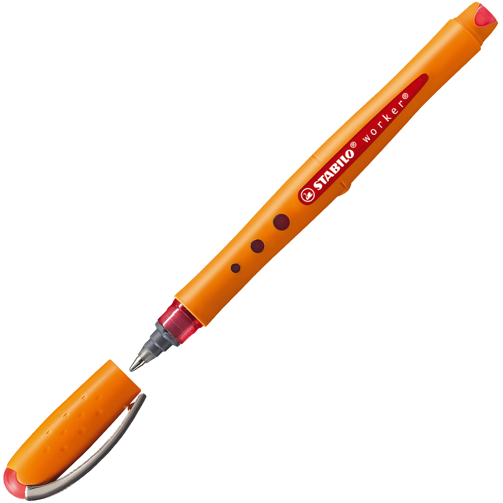 Oranger Stift mit Kappe und runder Spitze. Auf dem Stift steht der Schriftzug 'STABILO worker'.