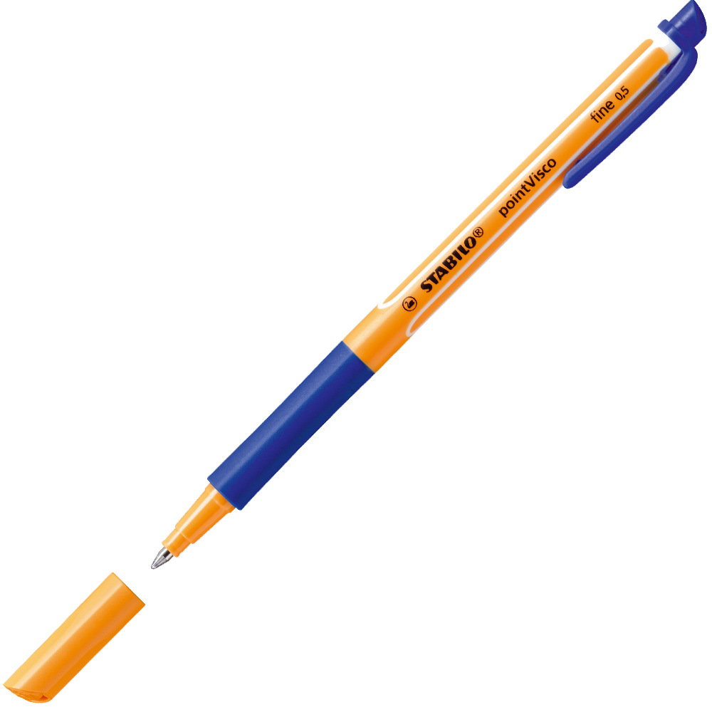 orangefarbener Stift mit blauer Kappe. Der Stift hat eine feine Spitze und ist für präzises Schreiben geeignet.