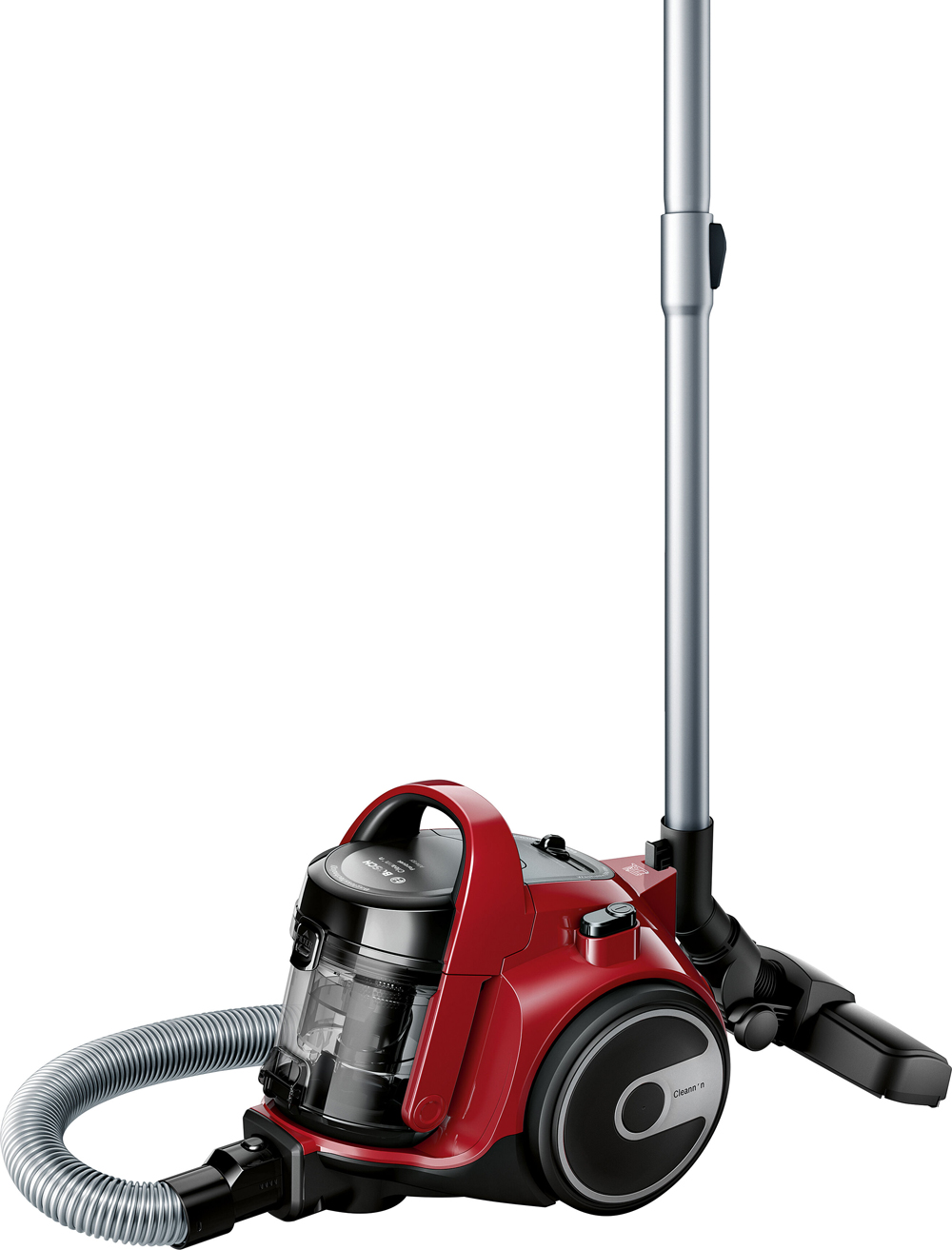 roter Staubsauger mit transparentem Behälter. Schlauch und Teleskoprohr sind sichtbar.