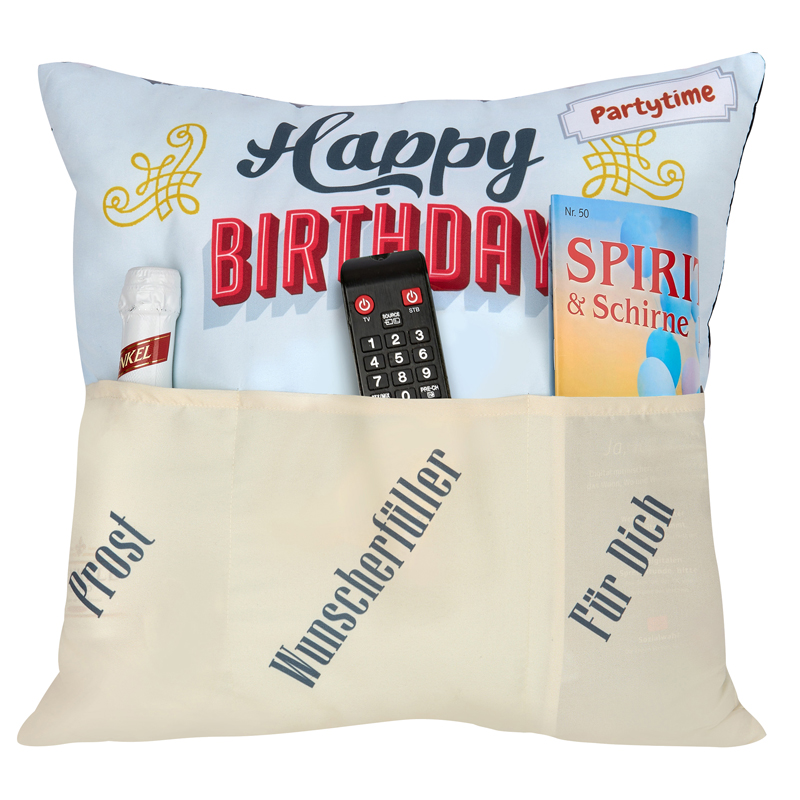 Wendekissen Happy Birthday/Hangover mit 3 Taschen bunt