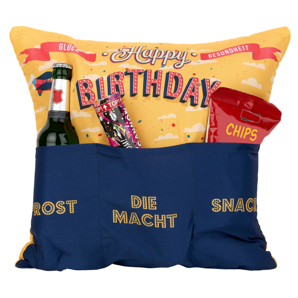 Kissen Happy Birthday Retro mit 3 Taschen bunt