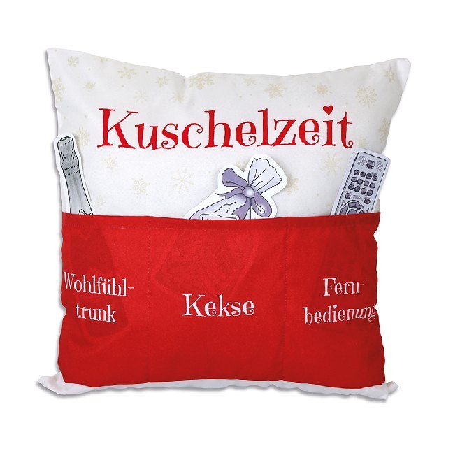 Kissen Kuschelzeit mit 3 Taschen weiß/rot