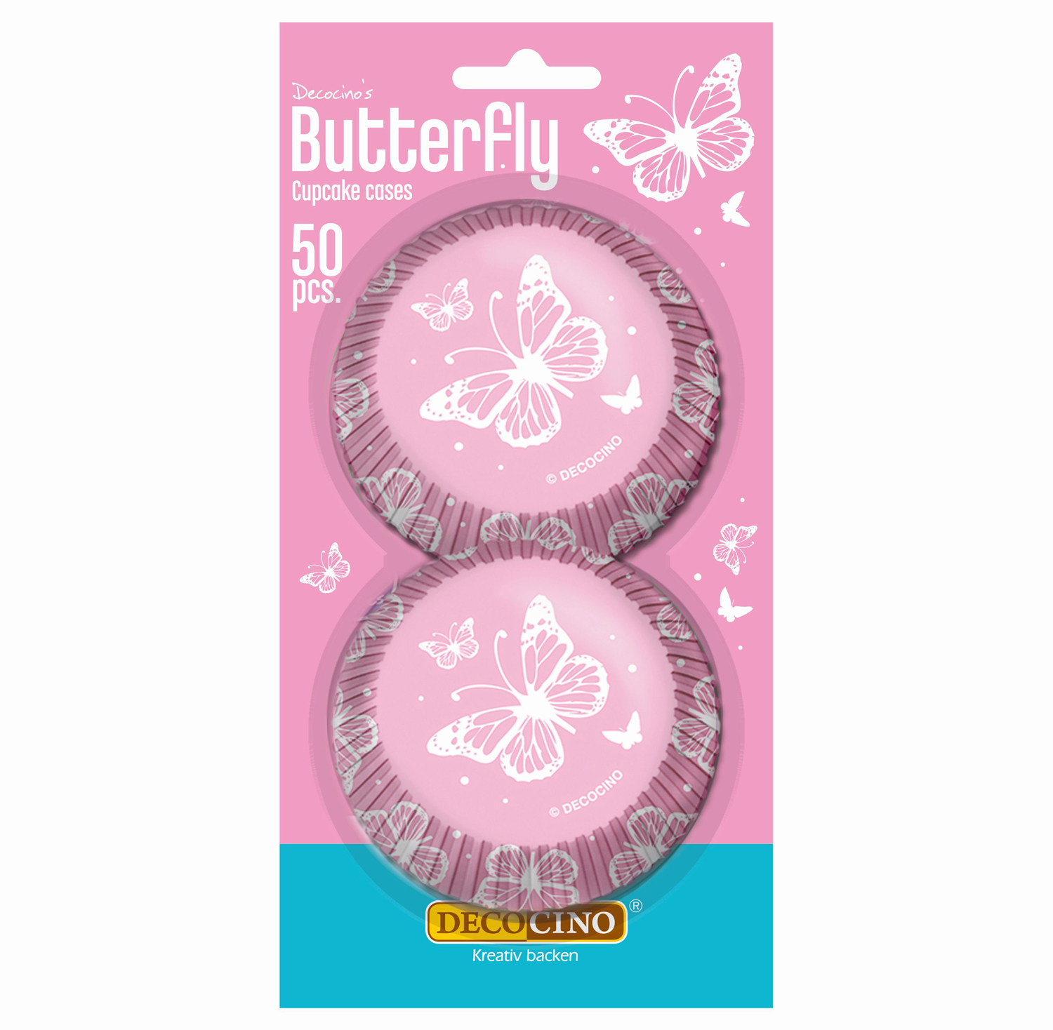 50 rosa Cupcake-Förmchen mit Schmetterlingsmotiv. Verpackung in pink mit weißen Schmetterlingen.
