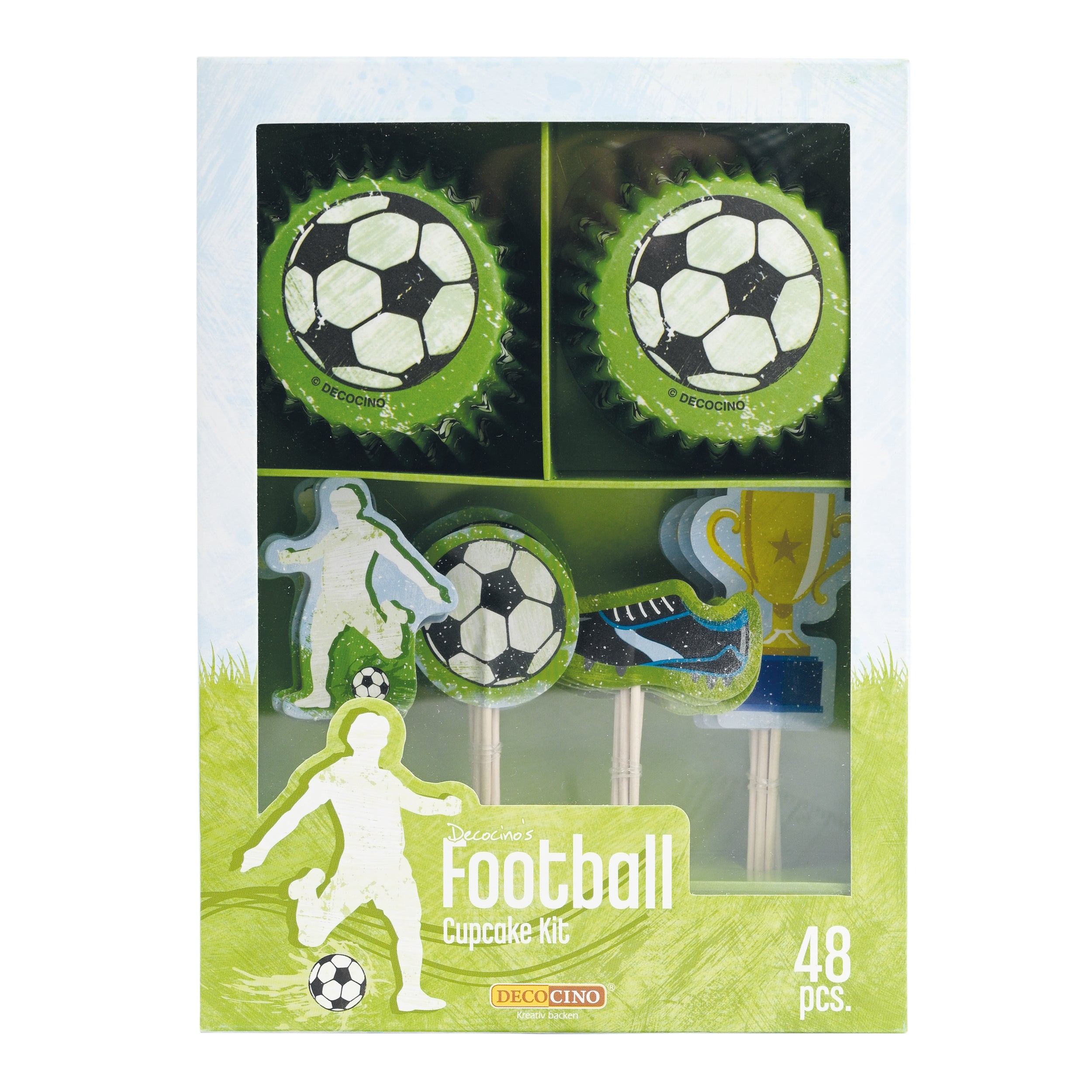 Cupcake-Kit mit Fußball-Thema. Enthält Muffinförmchen und Dekorationen wie Figuren und Pokale.