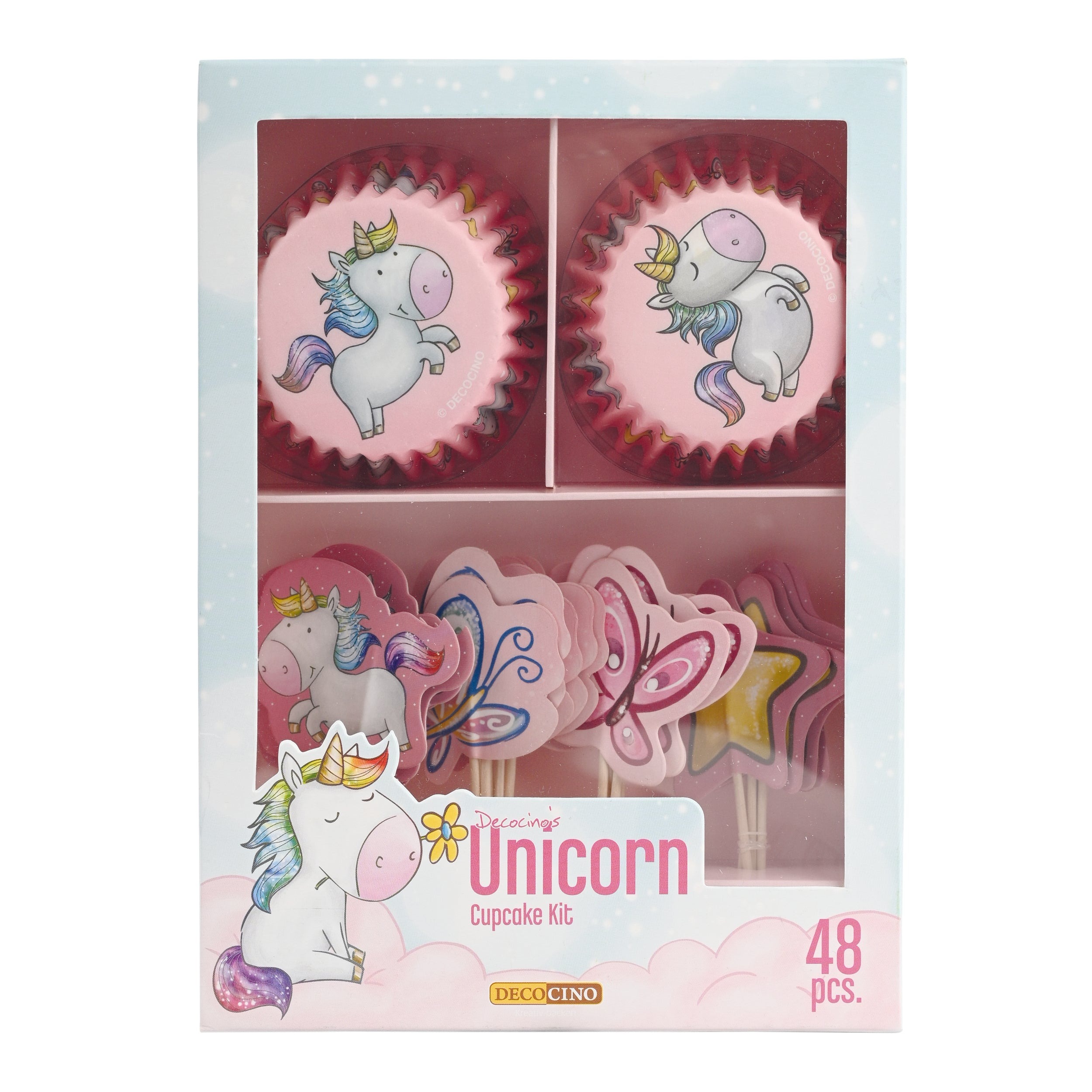 Cupcake Kit mit Einhorn-Motiven. Enthält Backförmchen und Dekorationen.