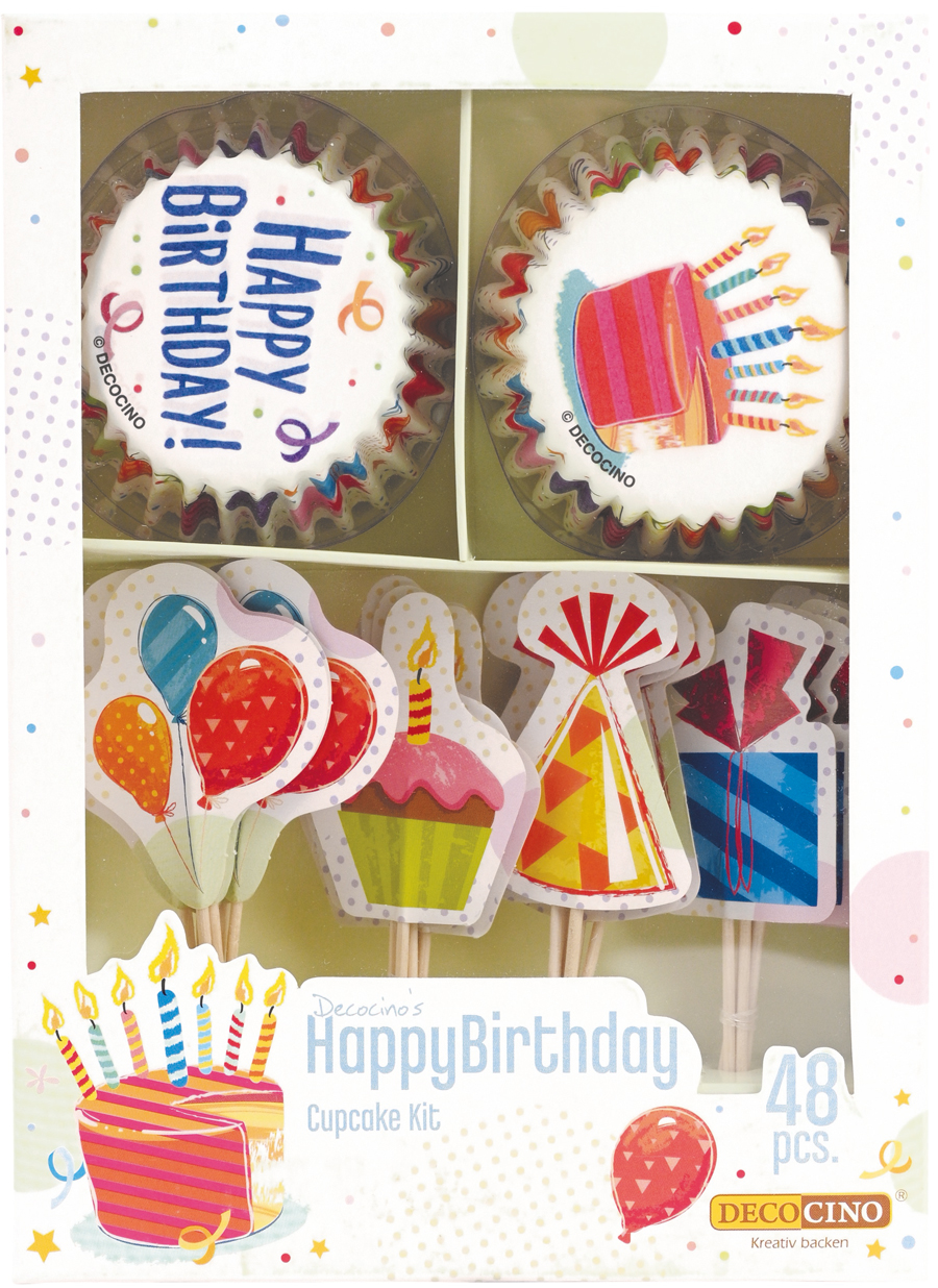 Cupcake Kit für Geburtstagsfeiern. Enthält bunte Muffinförmchen und Dekorationen wie Kerzen und Luftballons.