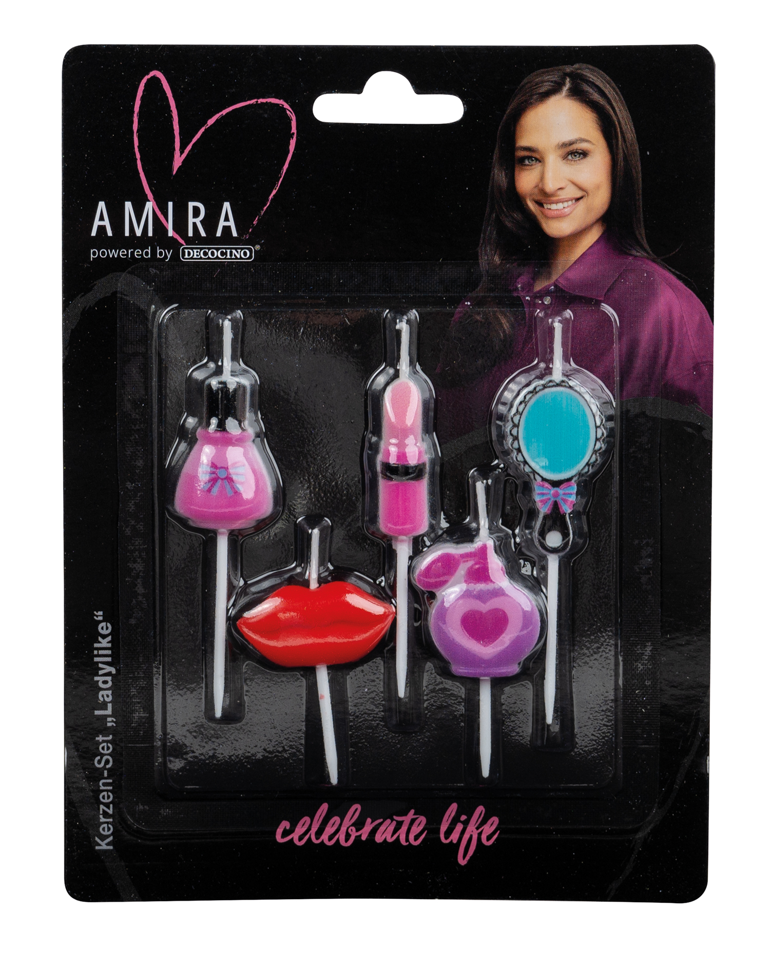 Kerzen in Form von Lippen, Kleidern und Lippenstift. Bunte Farben in pink und rot.