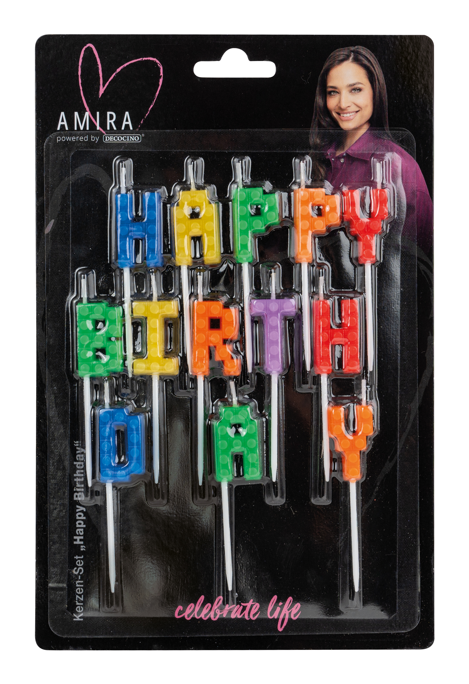 Kerzen-Set mit bunten Buchstaben. Beschriftung: Happy Birthday.