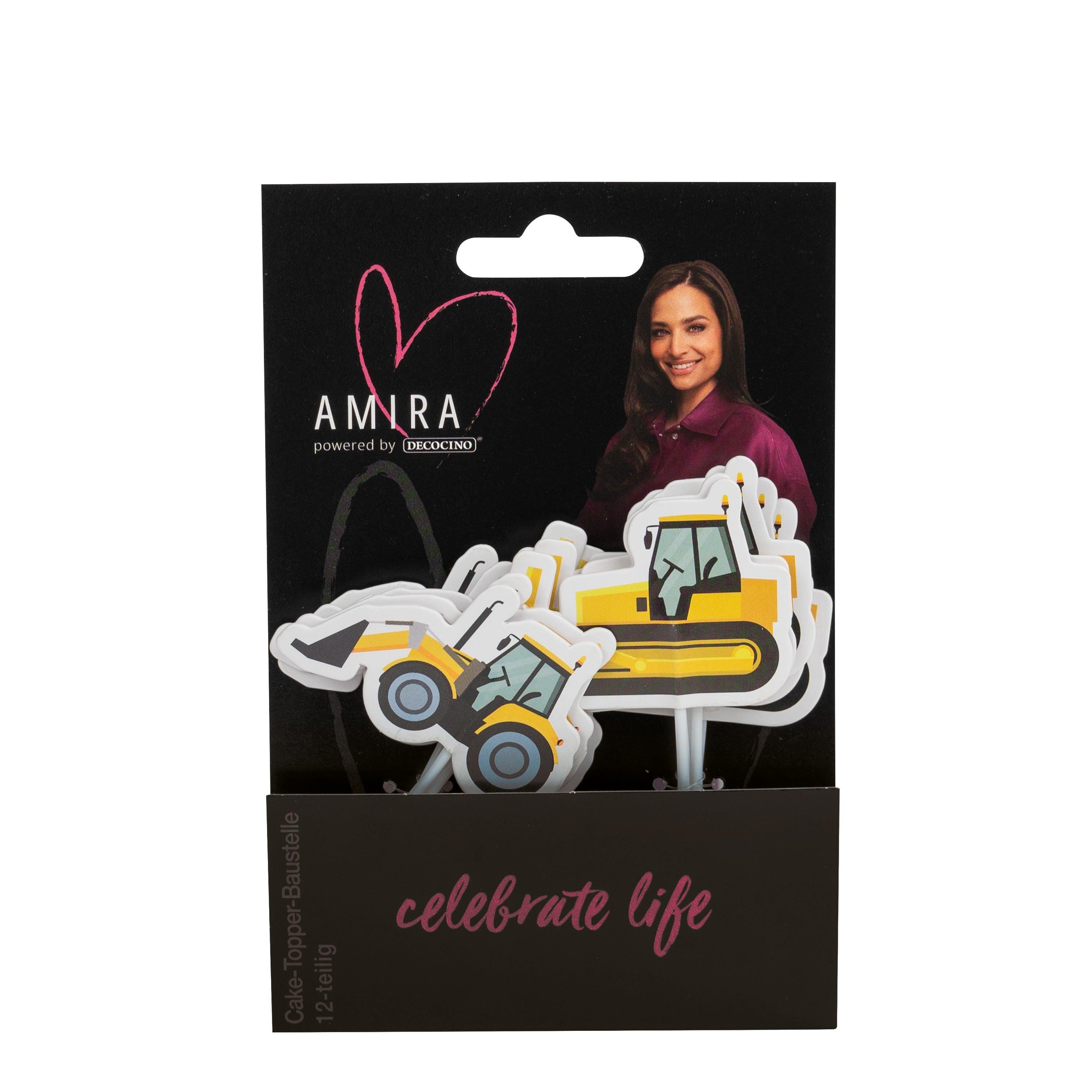 Verpackung mit Cake-Toppern in Form von gelben Baggern. Eine Frau lächelt auf der Verpackung.