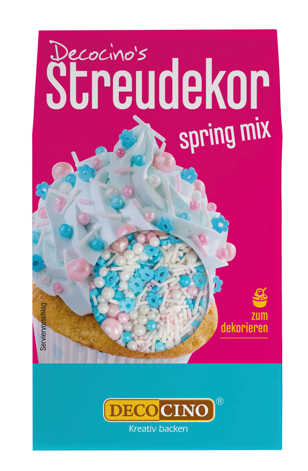 Verpackung für Dekorationsstreusel in Pastellfarben. Enthält bunte Streusel und kleine Blüten.
