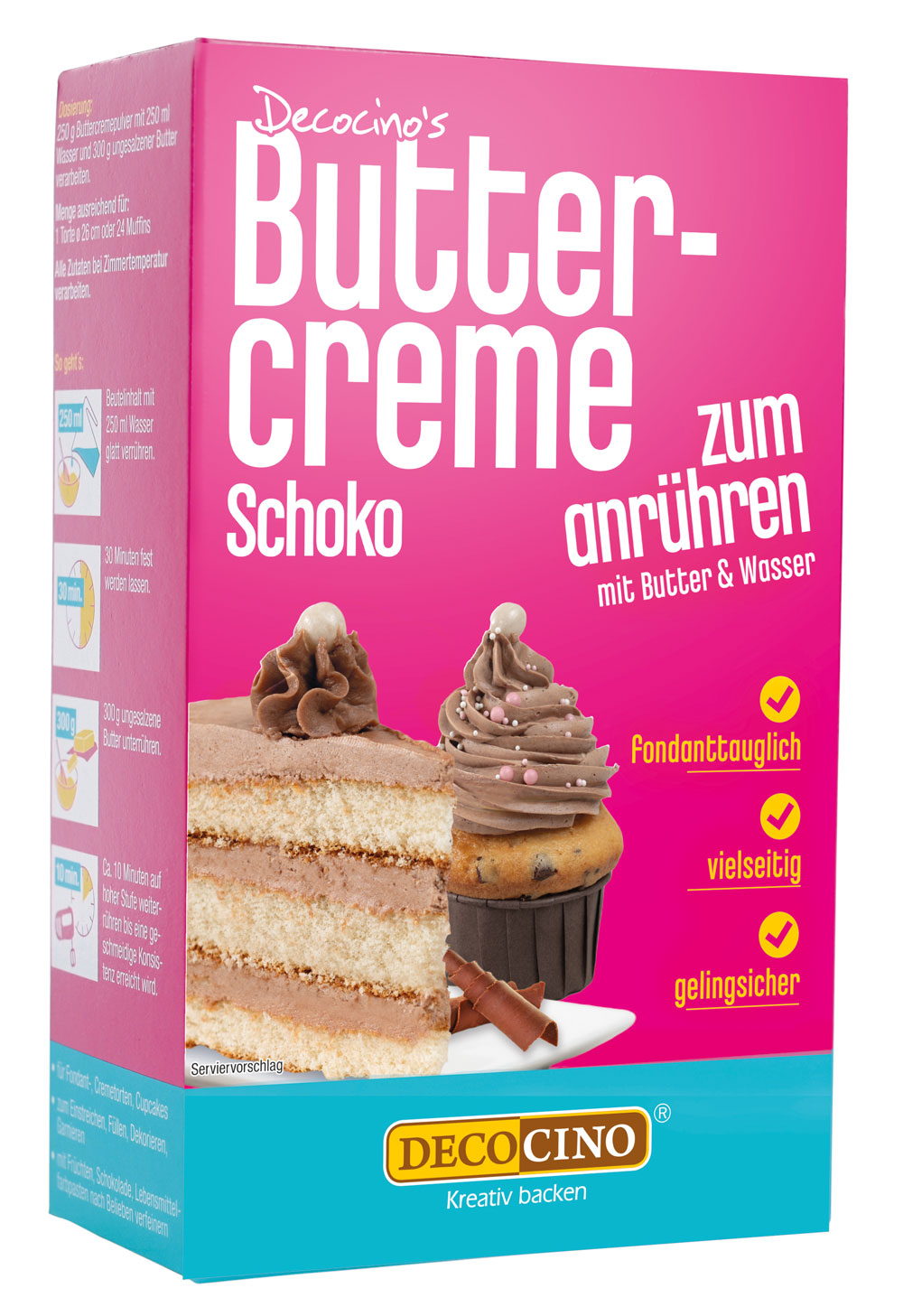 Verpackung für Schokoladen-Buttercreme. Rosa Hintergrund. Hinweise: mit Butter und Wasser anrühren. Fondanttauglich, vielseitig, gelingsicher.