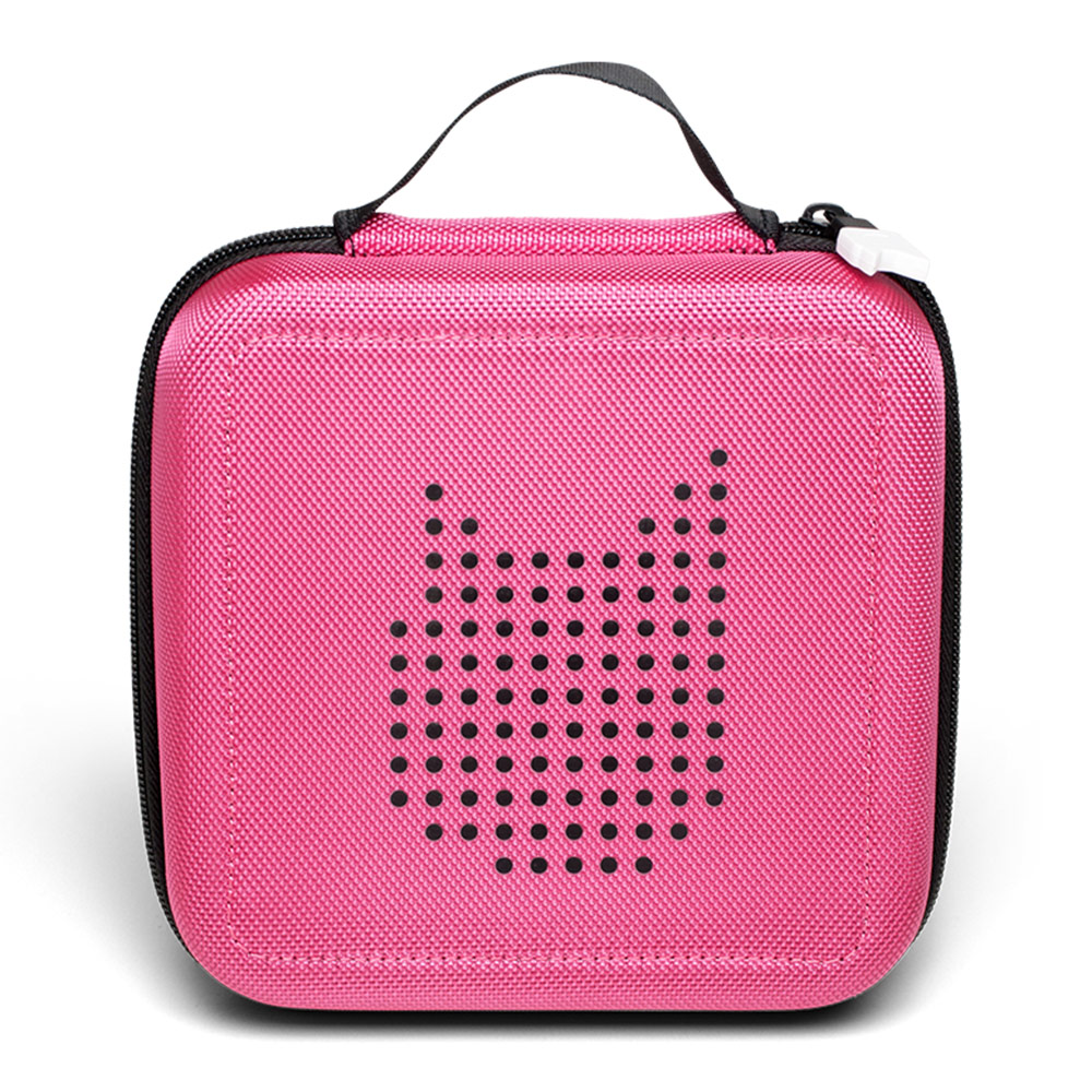 pinkfarbene Tasche mit Reißverschluss. Auf der Vorderseite ein schwarzes, durchlöchertes Katzenmotiv. Handgriff oben.