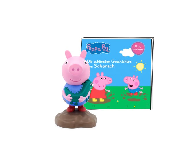 Figur von Peppa Wutz in blauer Kleidung. Im Hintergrund ein Buch mit dem Titel 'Die schönsten Geschichten von Schorsch'.