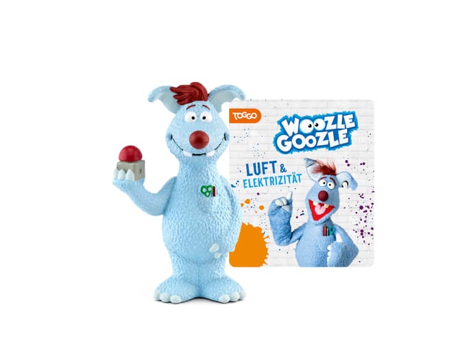 Blauer, knuddeliger Charakter mit rotem Haar und einer roten Nase. Hält ein Objekt in der Hand und steht neben einer Karte mit dem Titel 'Woozle Goozle'.