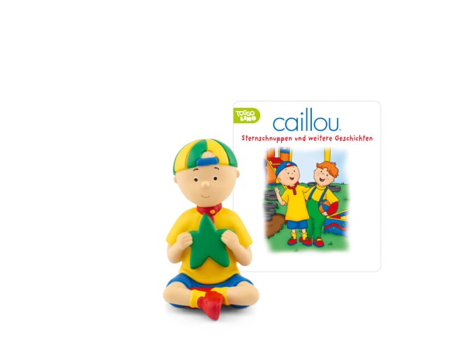Figur eines Jungen mit gelbem T-Shirt und blauer Shorts. Hält einen grünen Stern in der Hand. Im Hintergrund ein Buchcover mit dem Titel 'Caillou: Sternschnuppen und weitere Geschichten'.