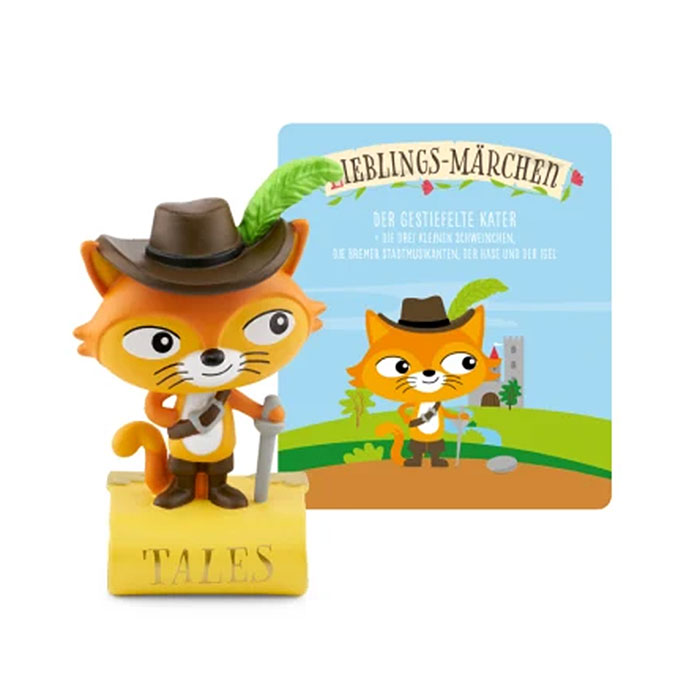 Figur eines katzenartigen Charakters mit Hut und Feder. Hintergrund zeigt eine bunte Landschaft.