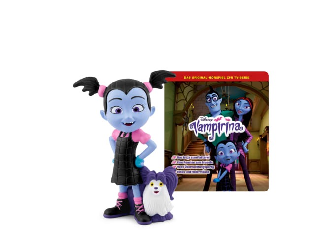 Figur von Vampirina mit blauer Haut und Zöpfen. Begleitet von einem kleinen, weißen Hund.