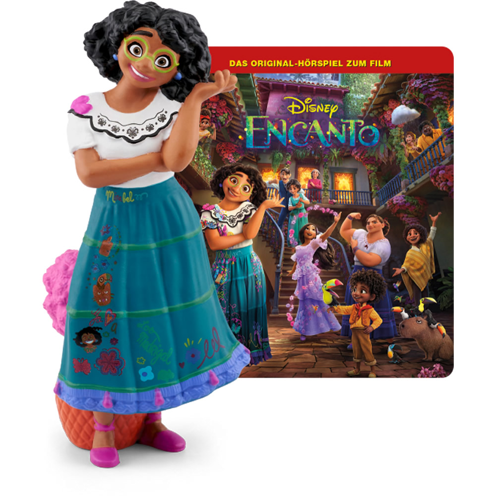 Figur einer Frau mit lockigem Haar und buntem Rock. Im Hintergrund ein Cover von Disney Encanto.