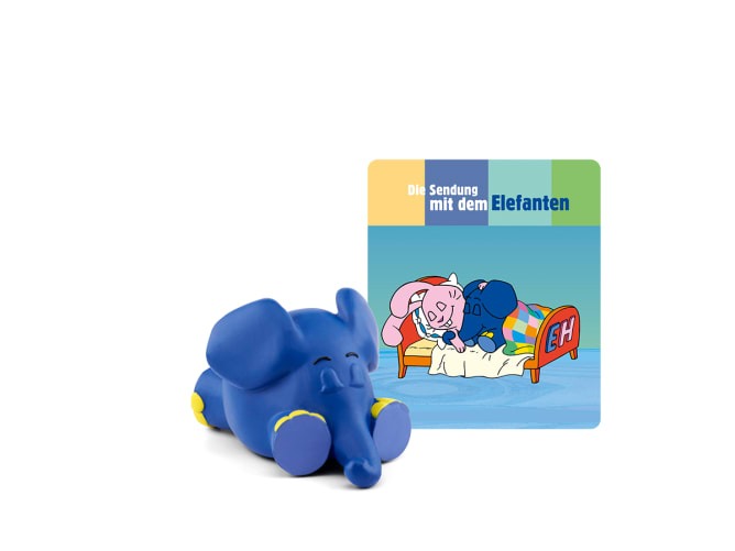 Blauer Gummielefant, liegend. Neben einem bunten Buchcover. Titel: 'Die Sendung mit dem Elefanten'.