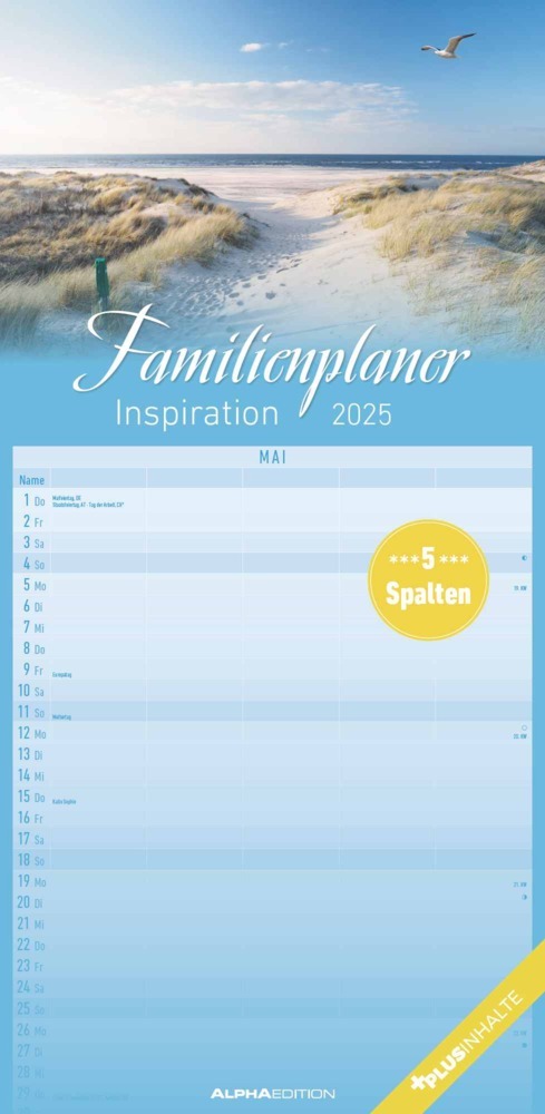 Alpha Edition - Familienplaner Inspiration 2025 Familienkalender, 22x45cm, Kalender mit 5 Spalten für Termine, 100-jährigem- und Pollenflugkalender, deutsches Kalendarium und Ferientermine D