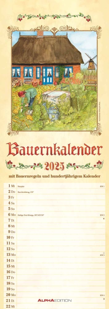 Alpha Edition - Bauernkalender 2025 Streifenkalender, 15x42cm, Wandkalender mit 100 jährigem Kalender, Bauernregeln, und Ferienterminen DE/AT/CH, mit Pollenflugkalender und deutschem Kalenda