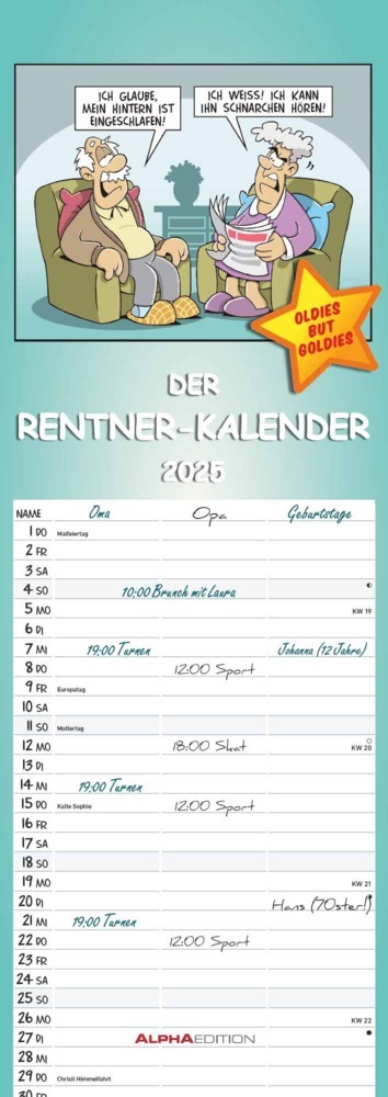 Alpha Edition - Rentnerkalender 2025 Streifenkalender, 15x42cm, Kalender mit 3 Spalten für Termine, 100 jährigem Kalender, Ferienterminen DE/AT/CH, mit Pollenflugkalender und deutschem Kalen