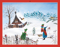 Winterlandschaft mit schneebedecktem Haus. Zwei Personen in bunten Kleidern stehen im Schnee.