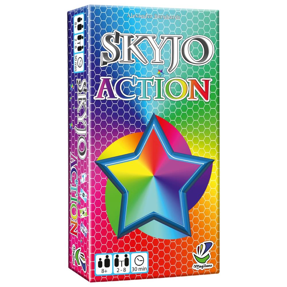 Spielbox für Skyjo Action. Bunte, glänzende Verpackung mit einem großen, farbigen Stern.