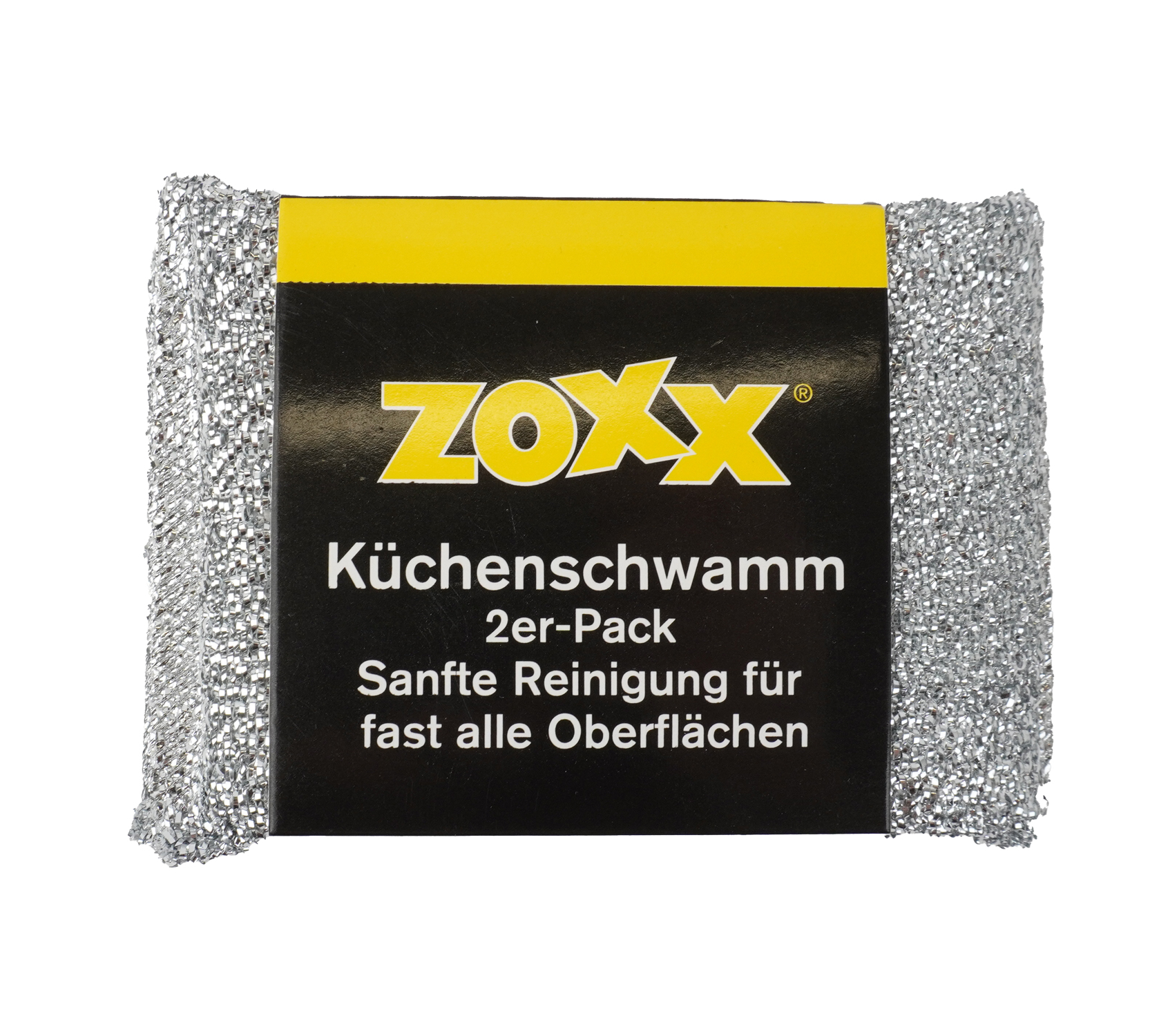 Silberner Küchenschwamm im 2er-Pack. Verpackung mit schwarzem Hintergrund. Hinweis auf sanfte Reinigung für fast alle Oberflächen.