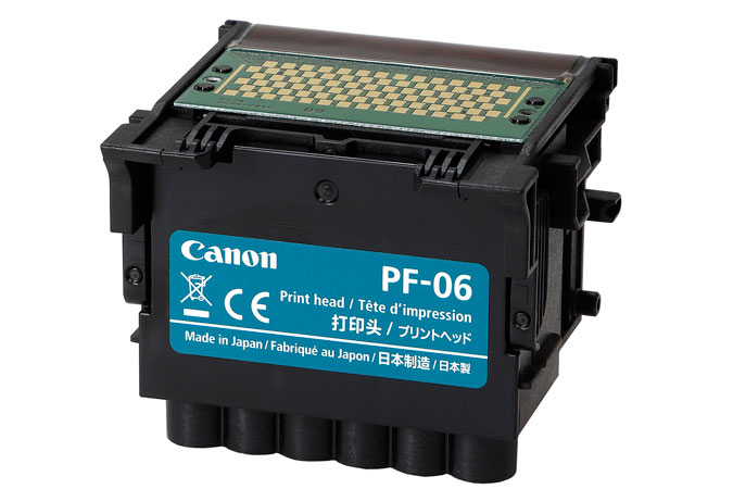 Druckkopf von Canon mit der Bezeichnung PF-06. Schwarz mit grünem Aufsatz und mehreren Anschlüssen.