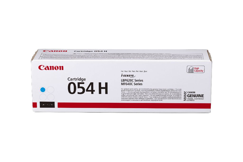 Weißer Karton mit rotem und blauem Druck. Enthält einen Toner für Canon Drucker.