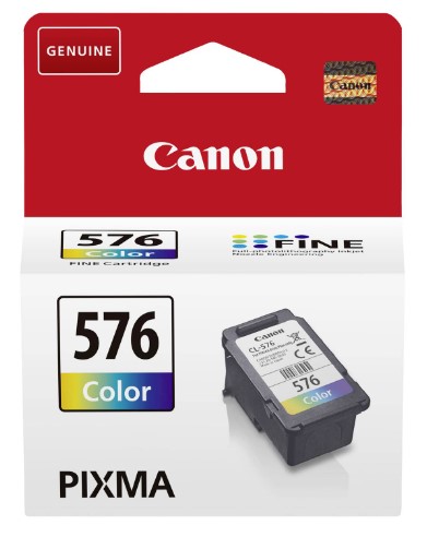 Farbtintenpatrone von Canon. Verpackung in rot mit Produktbezeichnung und Abbildung der Patrone.