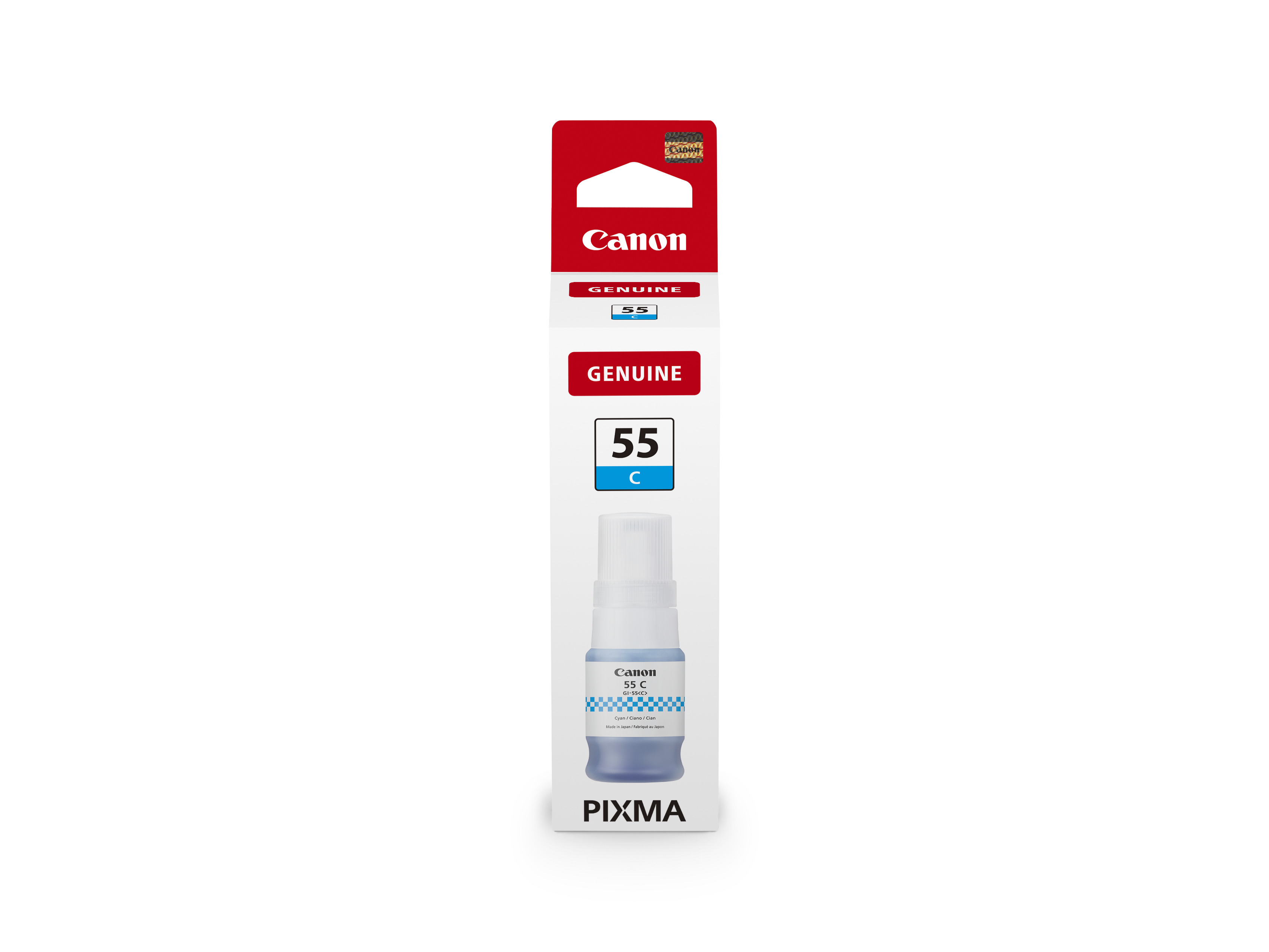 Tinte für Drucker in einer transparenten Flasche. Die Farbe ist cyan.