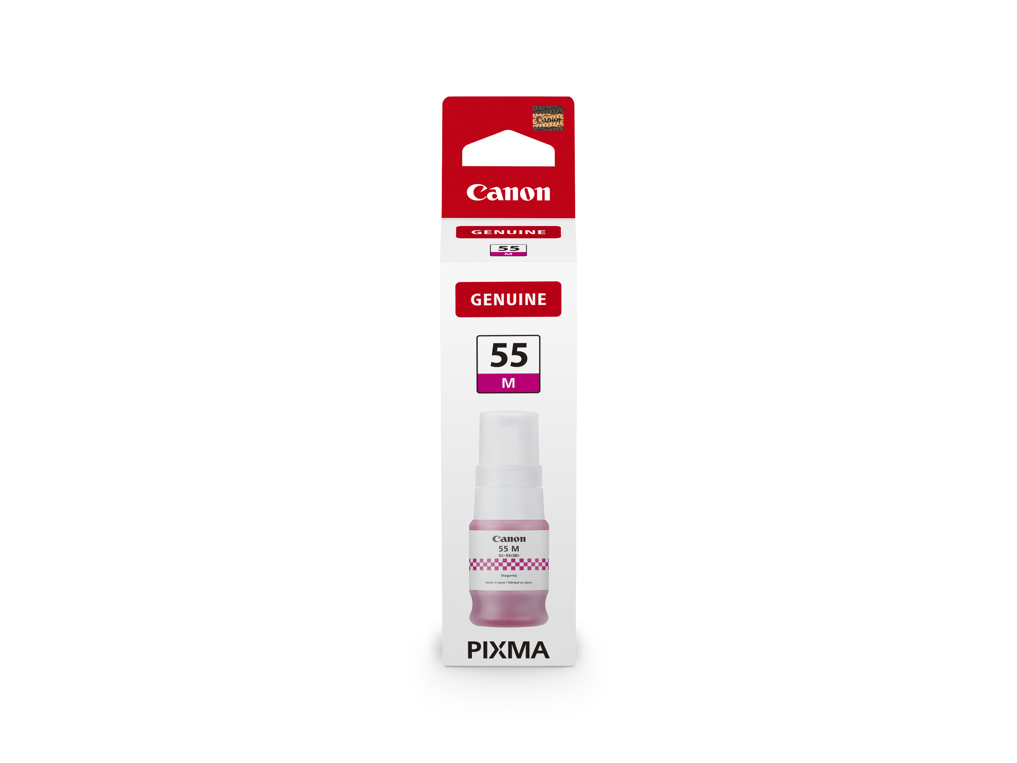 Tinte in einer transparenten Flasche. Verpackung in Weiß und Rot mit der Aufschrift Canon PIXMA 55 M.