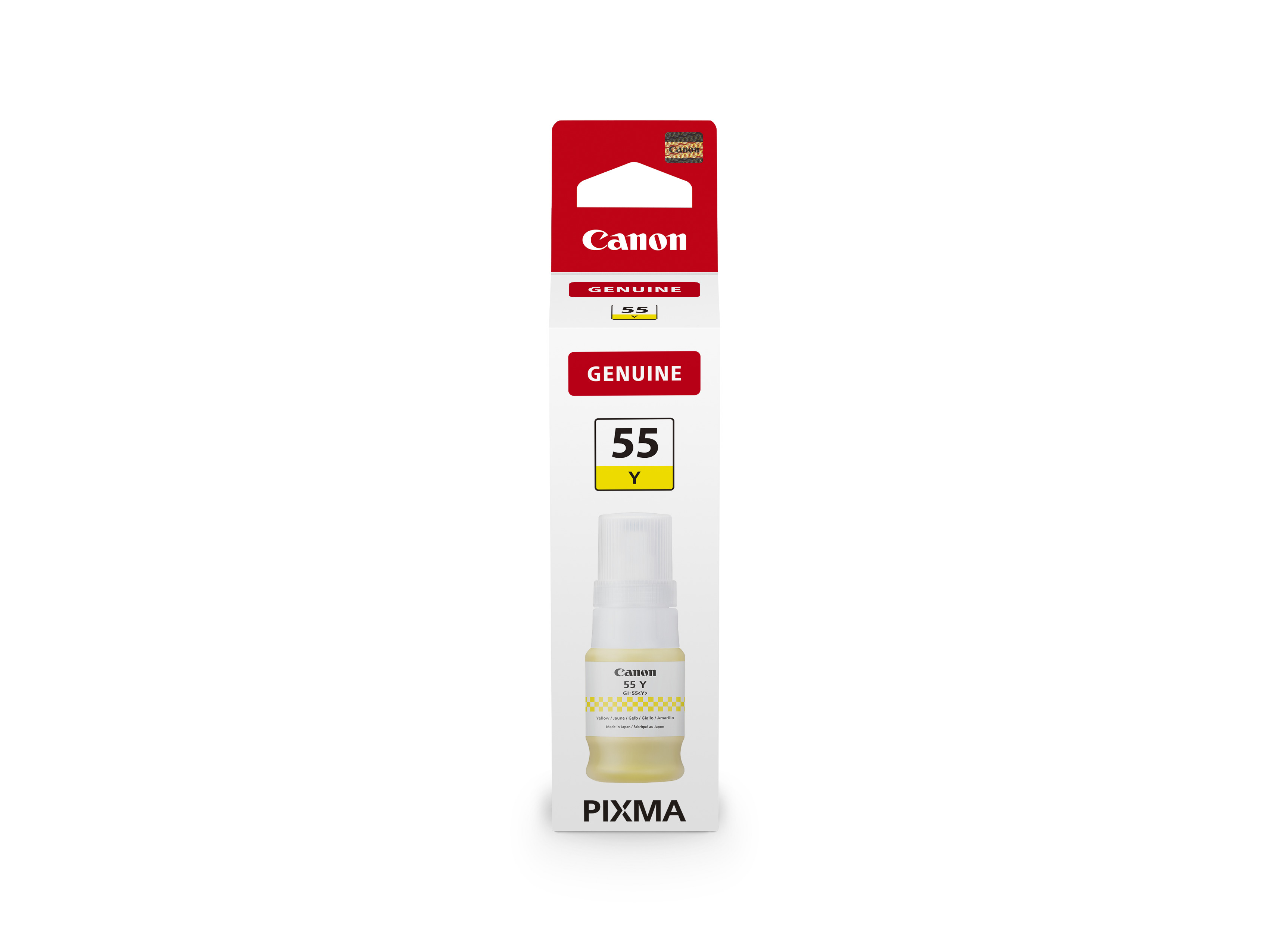 Gelbe Tinte in einer kleinen Flasche. Verpackung mit rotem und weißem Design. Markierung 'Canon PIXMA 55 Y'.