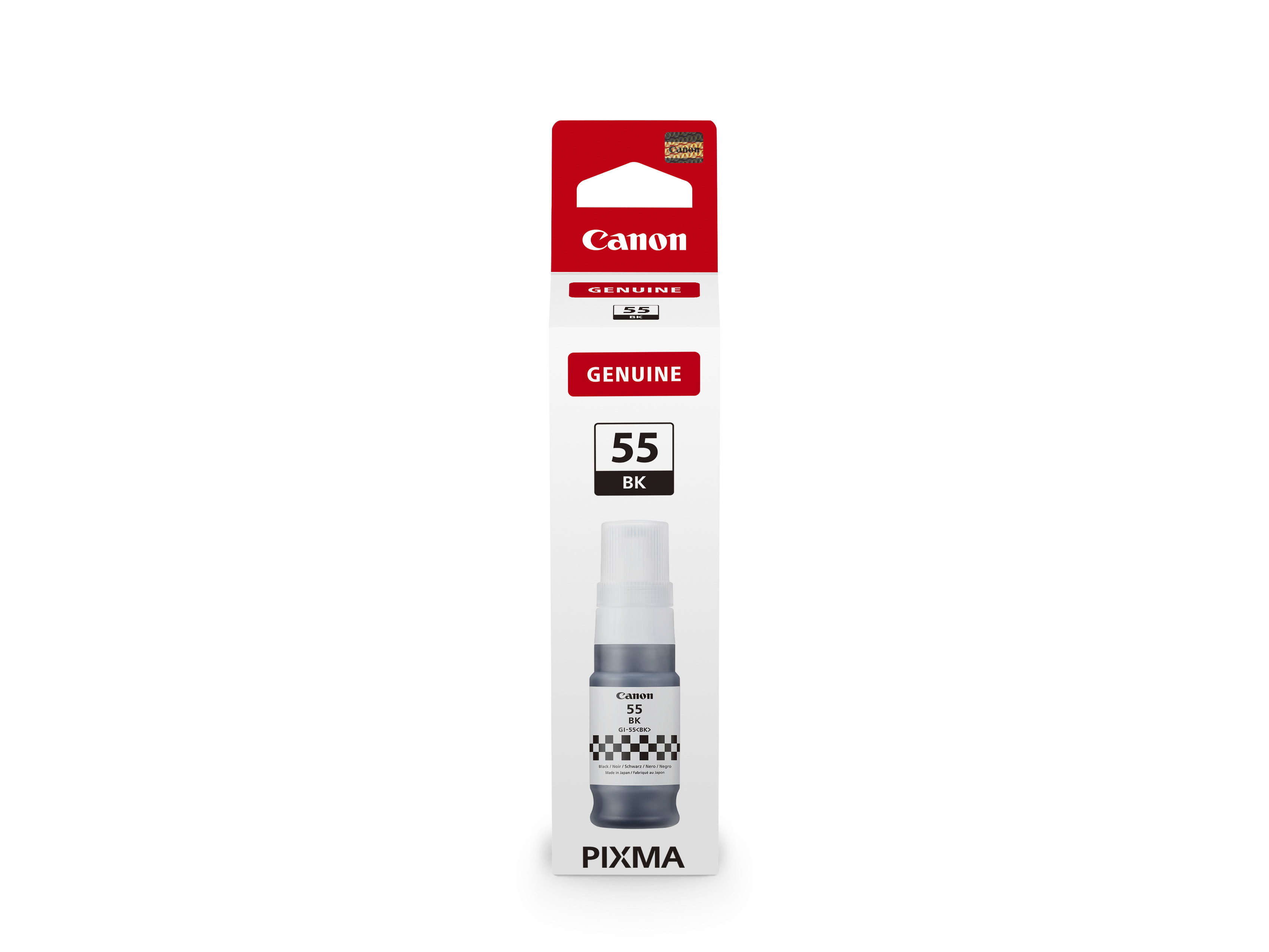 Schwarze Tinte in einer kleinen Flasche. Verpackung mit dem Canon Logo und der Bezeichnung 55 BK.