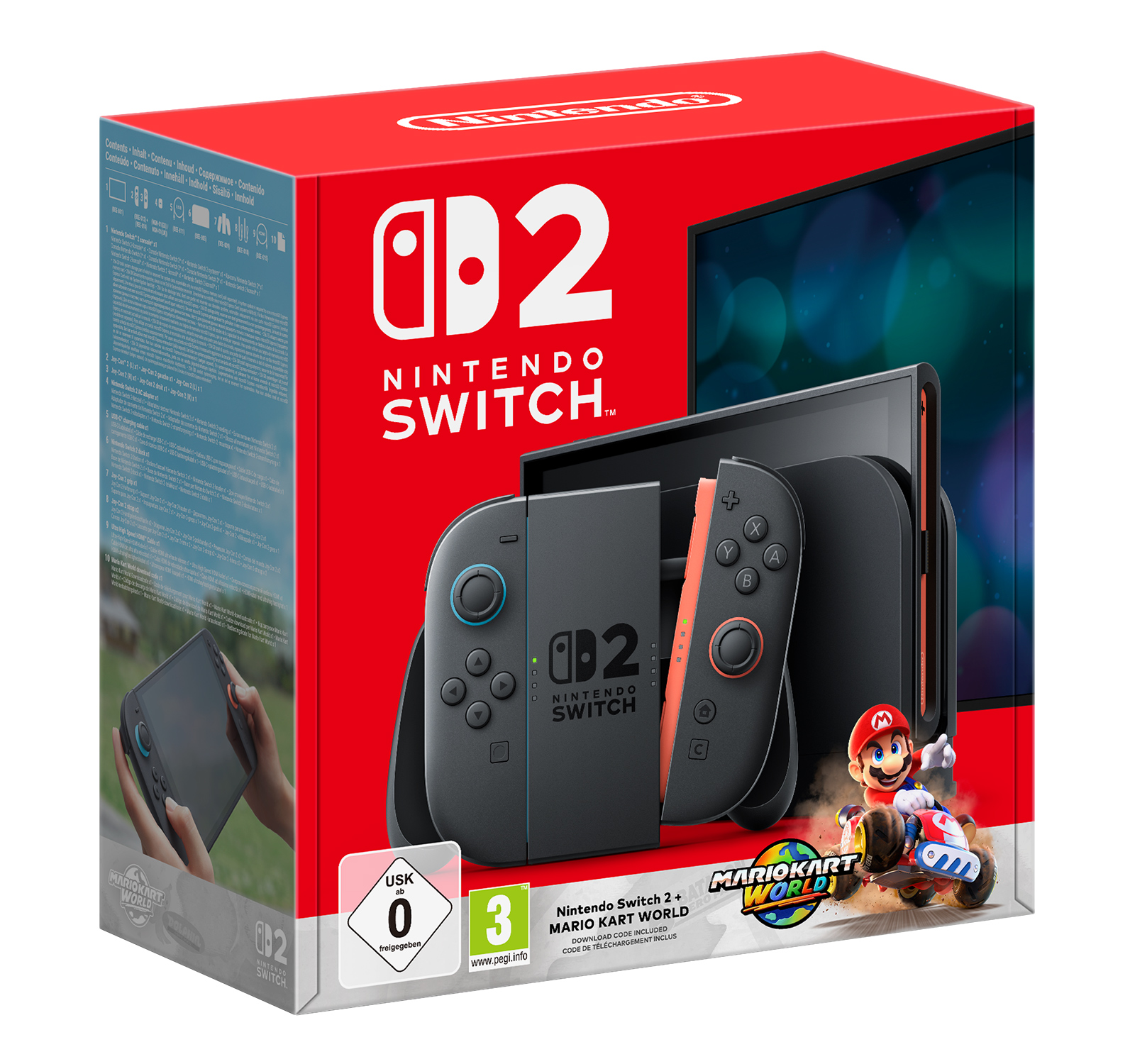 Verpackung für Nintendo Switch mit zwei Controllern. Enthält das Spiel Mario Kart World.