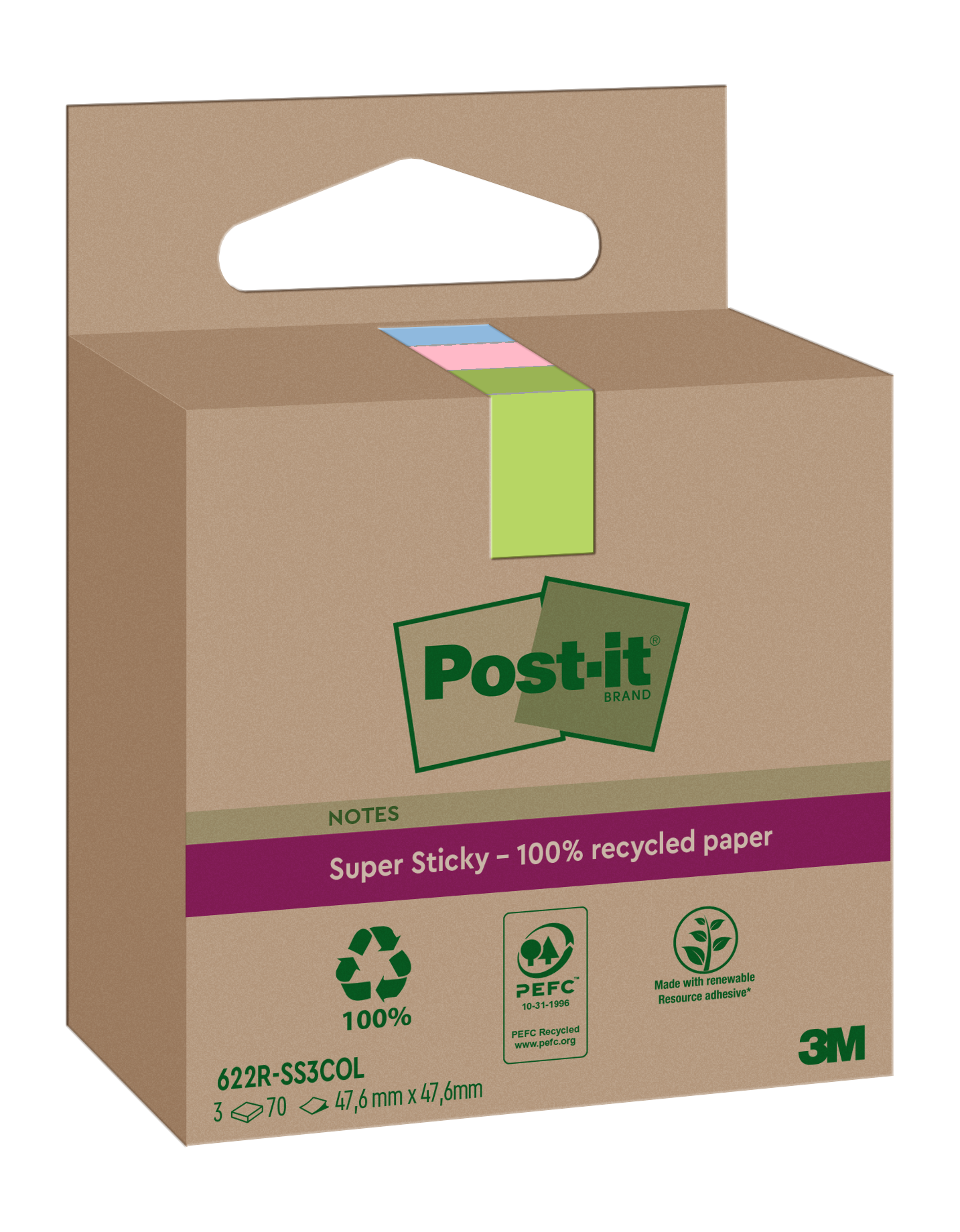 POST-IT Haftnotizen Super Sticky Recycling 47,6 x 47,6 mm 3 x 70 Bl. mehrere Farben