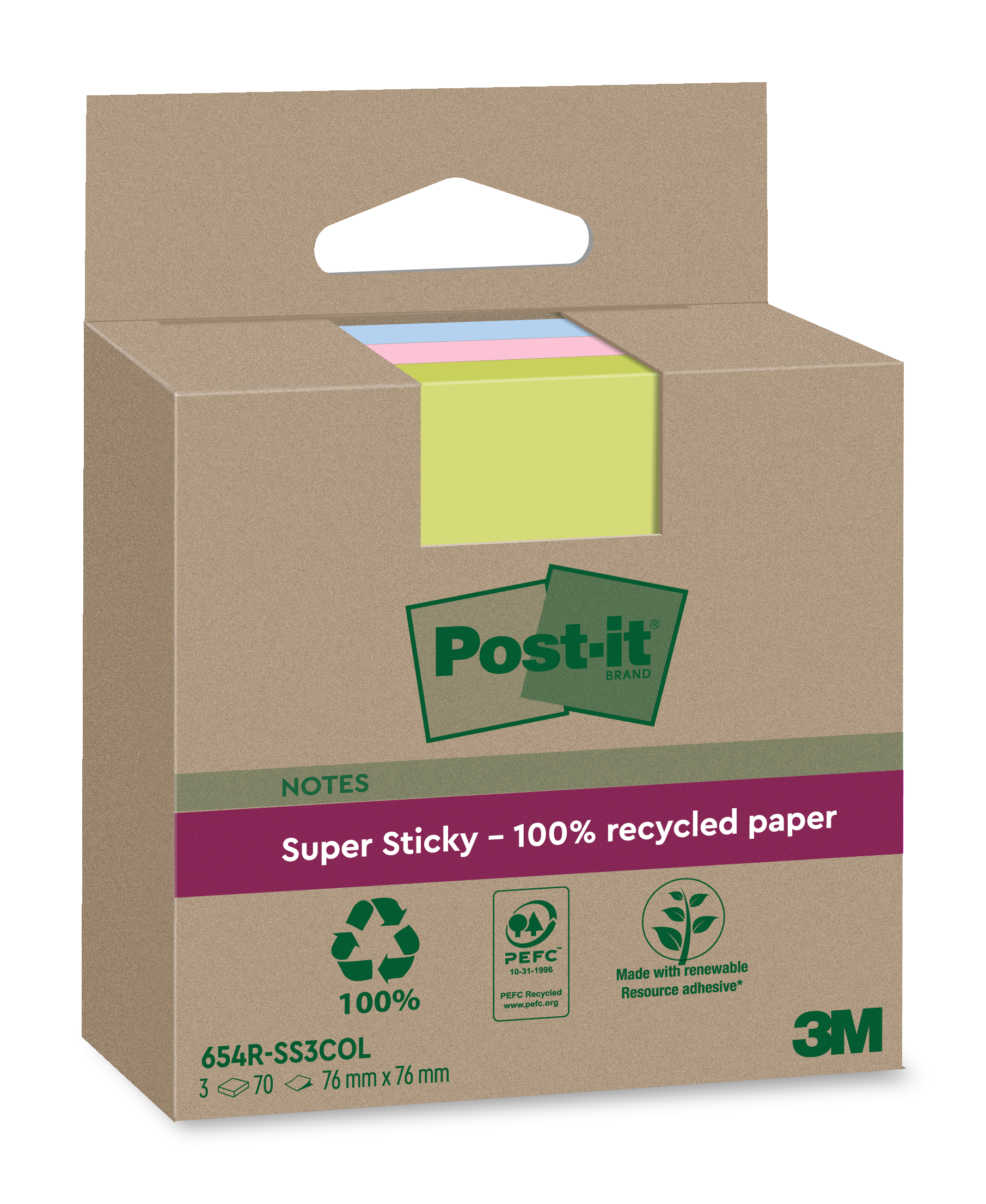 POST-IT Haftnotizen Super Sticky Recycling 76 x 76 mm 3 x 70 Bl. mehrere Farben