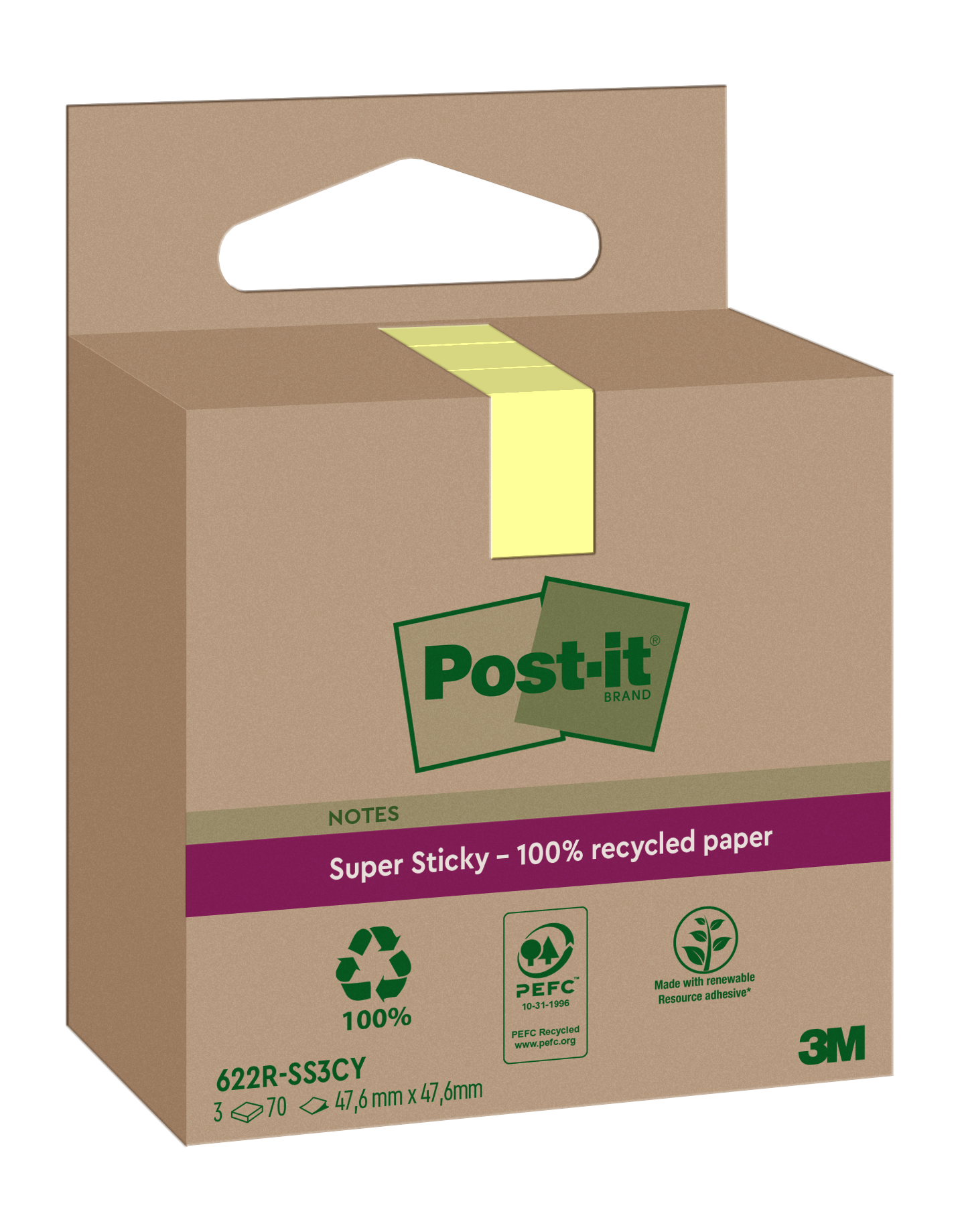 POST-IT Haftnotizen Super Sticky Recycling 47,6 x 47,6 mm 3 x 70 Bl. gelb