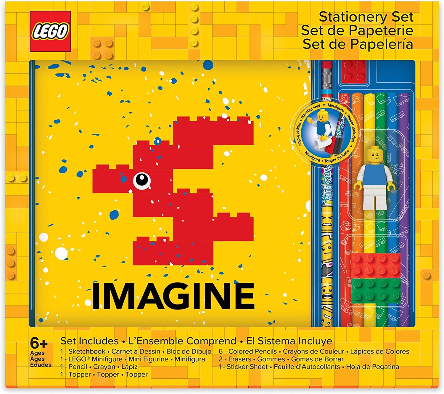 LEGO Schreibset mit gelbem Cover. Enthält Buntstifte, Radiergummis und eine LEGO Minifigur.