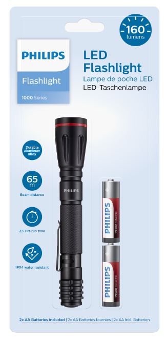 Schwarze LED-Taschenlampe mit rotem Kopf. 160 Lumen Helligkeit. Reichweite 65 Meter. Laufzeit 2,5 Stunden. Wasserfest nach IPX4. Zwei AA-Batterien enthalten.