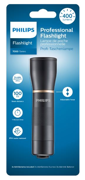 Schwarze Taschenlampe von Philips. 400 Lumen Helligkeit. Einstellbarer Fokus. Reichweite bis 100 m. IP54 wasserresistent. Batterien inklusive.