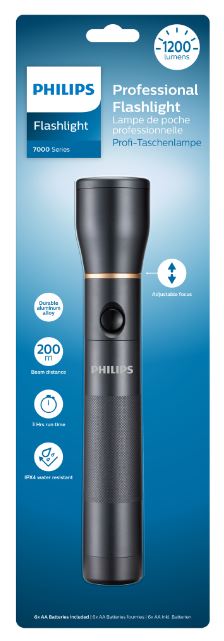 Schwarze Taschenlampe von Philips mit einem runden Kopf. Helligkeit von 1200 Lumen und einstellbarem Fokus.