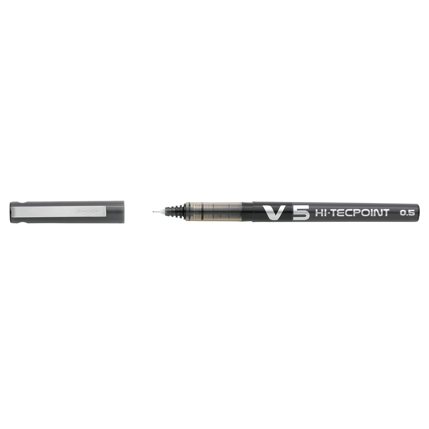 Schwarzer Fineliner mit feiner Spitze von V5 Hi-Tecpoint. Der Deckel ist abgenommen und liegt daneben.